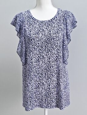 Michael Kors | Navy, Lavender and White Patterned Print Ruffle Sleeve Blouse